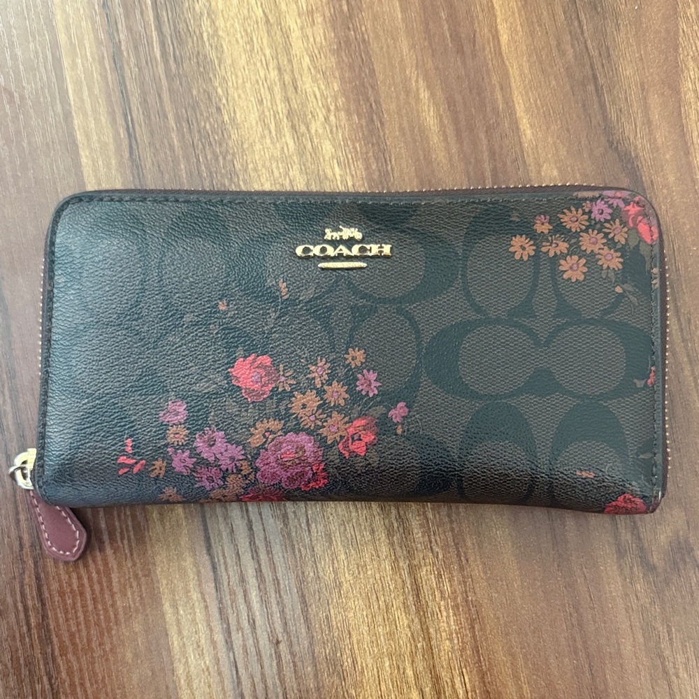 Coach Black Signature Floral Zip-Around Wallet with Pink & Red Blooms
